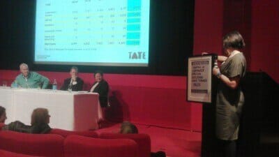 Liberate Tate presents Tate Members Council with Conrad Atkinson artwork as a reminder of BP sponsorship controversy.
