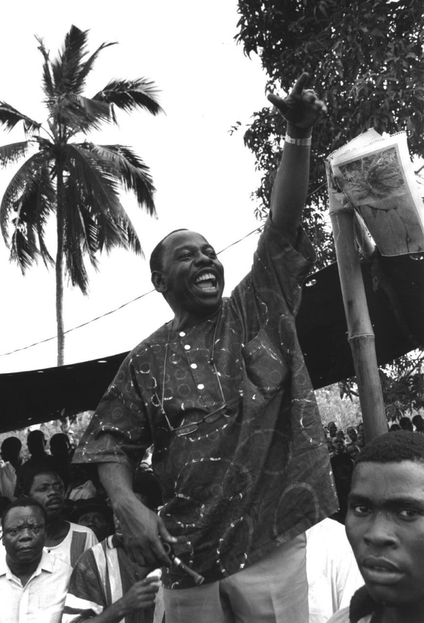 Ken Saro-Wiwa, local leader, speaking at Ogoni Day demonstration, Nigeria, 1993. The demonstration was officially called to mark the start of UNICEF's International Year of Indigenous People, but unofficially it was against the Shell oil company. Shell operates many oilfields in the Bori region and there have been many blowouts and leaks.