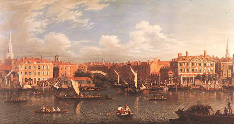 The mouth of the River Fleet - now buried - painted by Samuel Scott 1750's