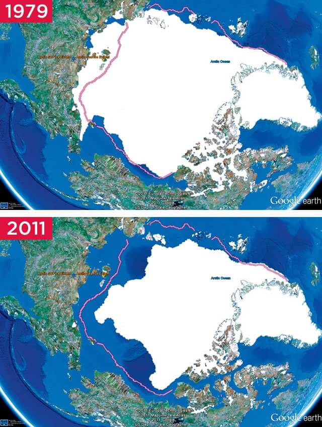 Map illustrating the rapid shrinking of the area covered by Arctic sea ice over three decades