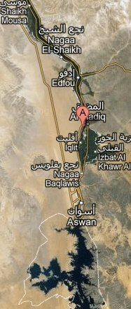 The Nile river valley, with Fares village marked with "A"